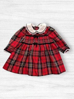 BT Kids Vintage Red tartan Plaid Smocked Holiday Dress 18M Peter Pan Collar
